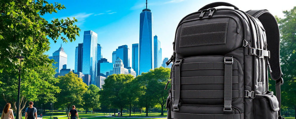 Urban bug out bag in front of New York City skyline with Central Park in the foreground
